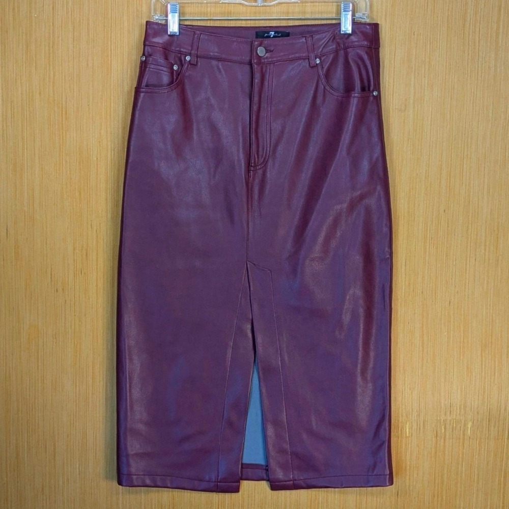 7 For All Mankind Womens Burgundy Wine Vegan Faux Leather Midi Skirt Medium‎